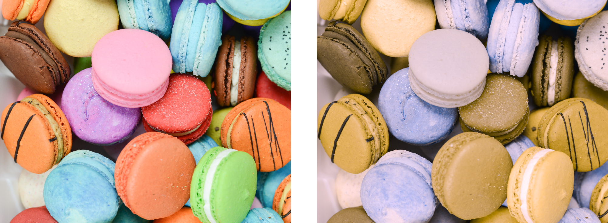 2 images with colourful macarons. The left has normal colours. The right image simulates colourblindness